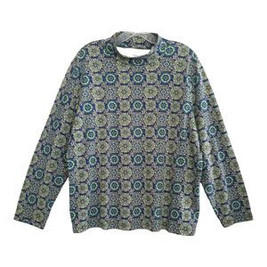Kim Rogers Mock Neck Shirt Womens 2X  Green  Blue Yellow Long Sleeve Cotton